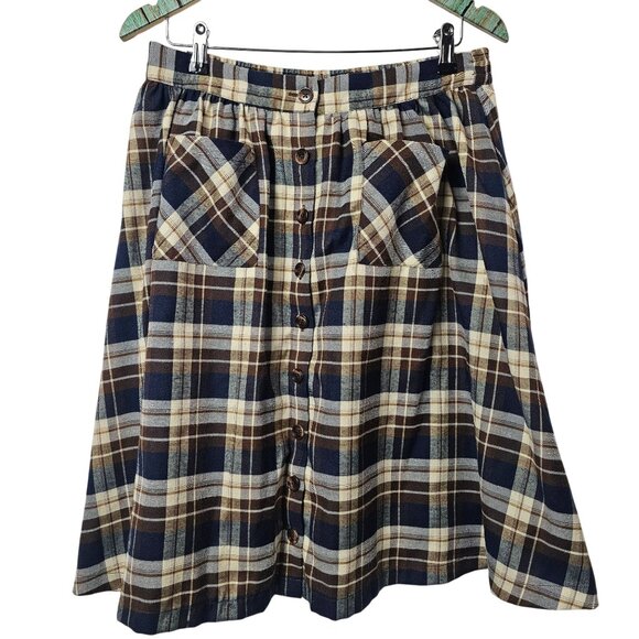 ModCloth Plaid Pocket Button Front A-Line Lined Skirt, Sz L - Picture 1 of 8
